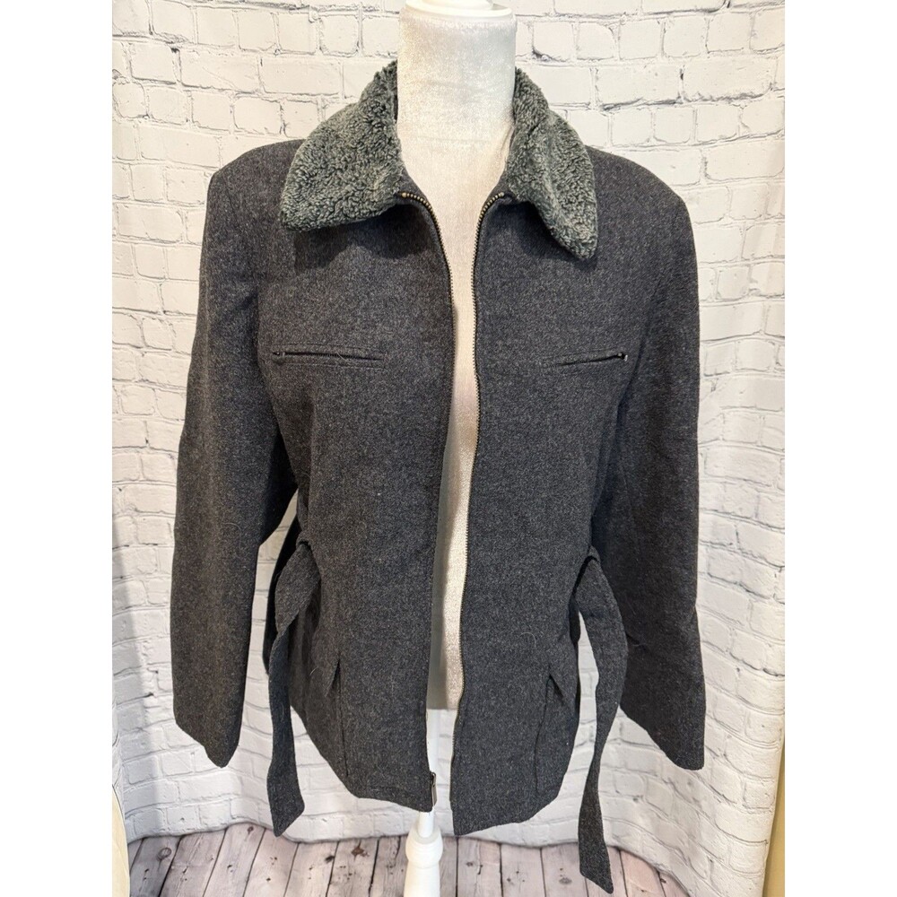 Express Utility Wool jacket coat faux fur collar and a tie belt Size Large - Picture 2 of 8